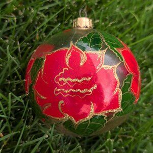 Vintage Living Quarters Glass Sphere With Hand painted Red Flowers